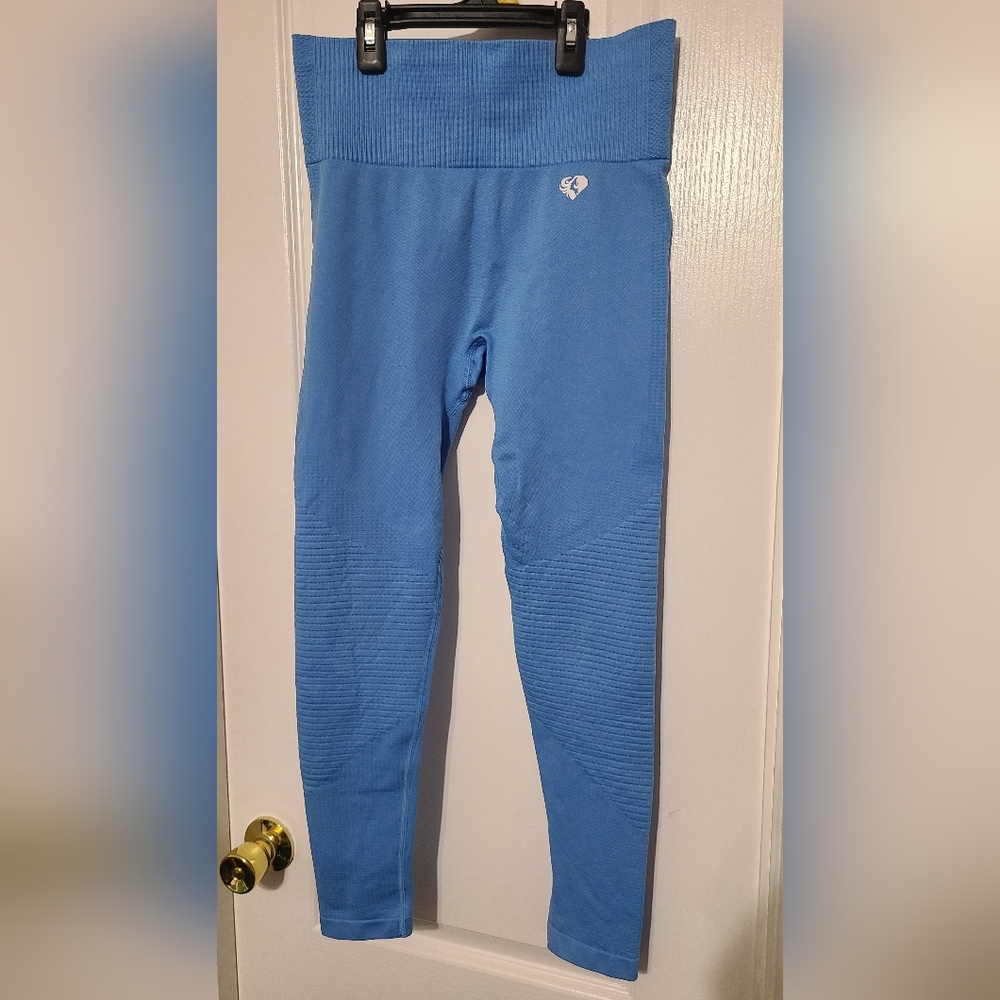 High-Rise Blue Ribbed Waist Leggings